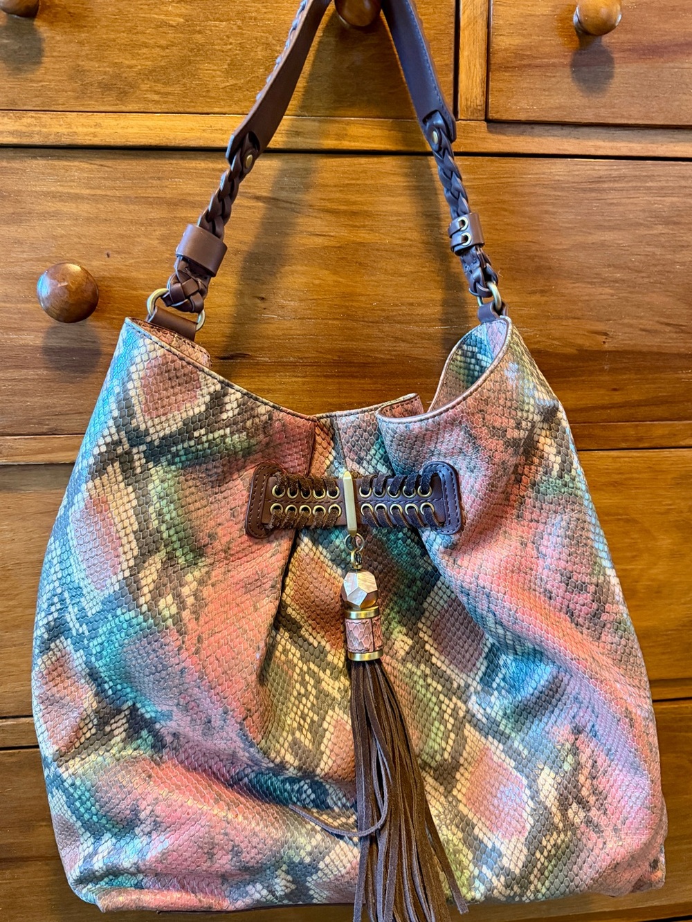 Multicolor Snake-Print Hobo Bag with Tassel Shoulder Strap